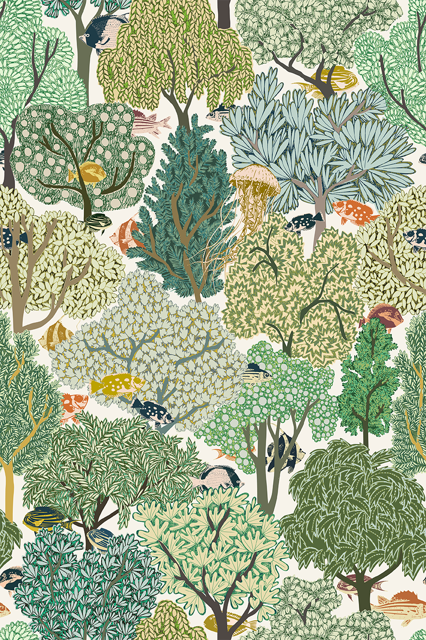 Swim in the Woods Light peel and stick wallpaper room mockup